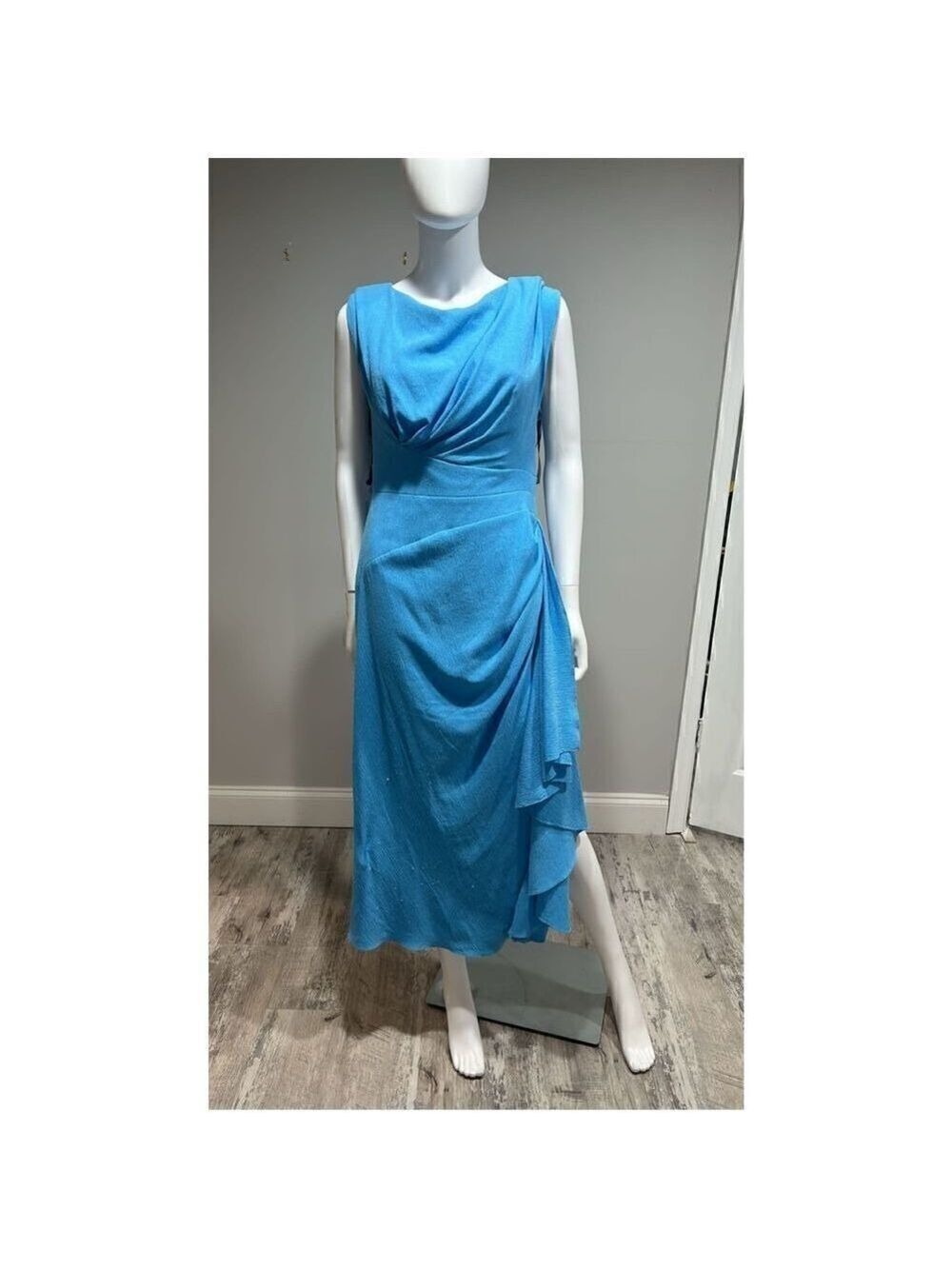 Lela Rose Blue Textured Crepe Side Ruched Midi Dress Size 6 - Picture 4 of 7